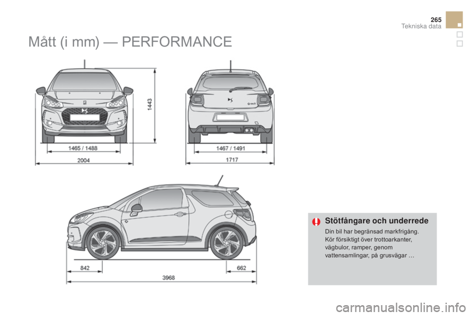 CITROEN DS3 CABRIO 2017 InstruktionsbÖcker (in Swedish) 265
DS3_sv_Chap10_caracteristiques_ed02-2015
Stötfångare och underrede
Din bil har begränsad markfrigång.
Kör försiktigt över trottoarkanter,
vägbulor, ramper, genom
vattensamlingar, på gru CITROEN DS3 CABRIO 2017 InstruktionsbÖcker (in Swedish) 265
DS3_sv_Chap10_caracteristiques_ed02-2015
Stötfångare och underrede
Din bil har begränsad markfrigång.
Kör försiktigt över trottoarkanter,
vägbulor, ramper, genom
vattensamlingar, på gru