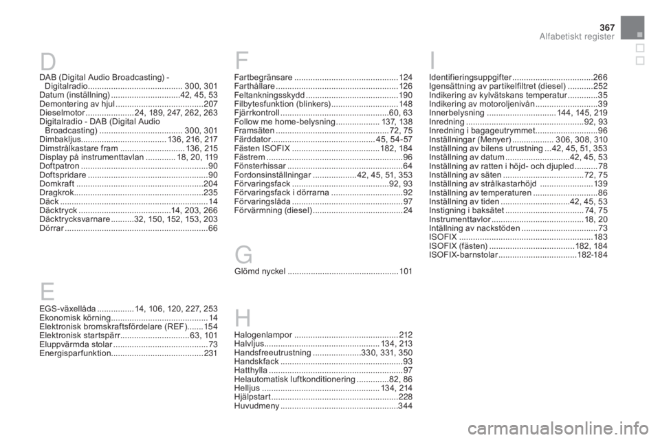 CITROEN DS3 CABRIO 2017 InstruktionsbÖcker (in Swedish) 367
DS3_sv_Chap12_index-recherche_ed02-2015
EGS-växellåda ................14, 106, 120, 227, 253
Ekonomisk körning .......................................... 14
Elektronisk bromskraftsfördelare ( CITROEN DS3 CABRIO 2017 InstruktionsbÖcker (in Swedish) 367
DS3_sv_Chap12_index-recherche_ed02-2015
EGS-växellåda ................14, 106, 120, 227, 253
Ekonomisk körning .......................................... 14
Elektronisk bromskraftsfördelare (