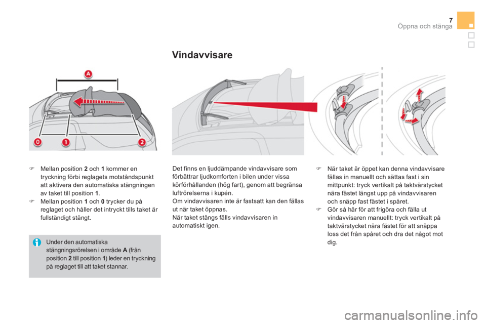 CITROEN DS3 CABRIO 2017  InstruktionsbÖcker (in Swedish) 7Öppna och stänga
   
Under den automatiska 
stängningsrörelsen i område  A 
 (från 
position  2   
till position  1 
) leder en tryckning 
på reglaget till att taket stannar.      
�) 
  Mella