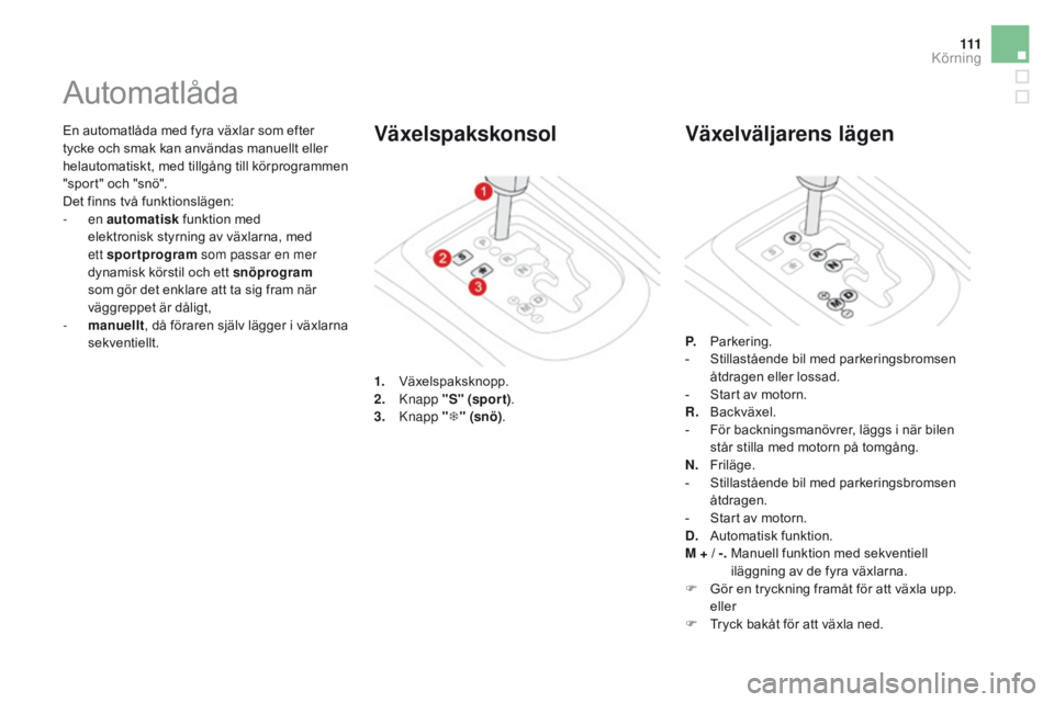 CITROEN DS3 CABRIO 2016  InstruktionsbÖcker (in Swedish) 111
DS3_sv_Chap04_conduite_ed01-2015
En automatlåda med fyra växlar som efter 
tycke och smak kan användas manuellt eller 
helautomatiskt, med tillgång till körprogrammen 
"sport" och 