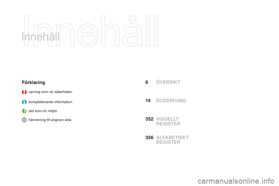 CITROEN DS3 CABRIO 2016  InstruktionsbÖcker (in Swedish) DS3_sv_Chap00a_sommaire_ed01-2015
Innehåll
ÖVERSIKT
Förklaring
varning som rör säkerheten
kompletterande information
råd som rör miljön
hänvisning till angiven sida
VISUELLT 
REGISTER EcoD
R
