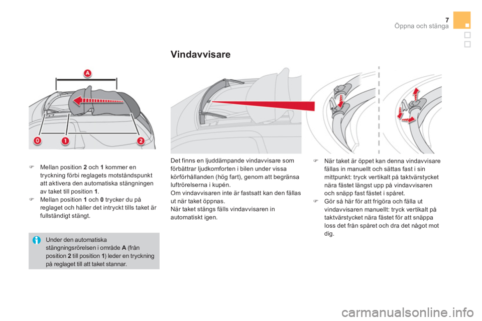 CITROEN DS3 CABRIO 2016  InstruktionsbÖcker (in Swedish) 7Öppna och stänga
   
Under den automatiska 
stängningsrörelsen i område  A 
 (från 
position  2   
till position  1 
) leder en tryckning 
på reglaget till att taket stannar.      
�) 
  Mella