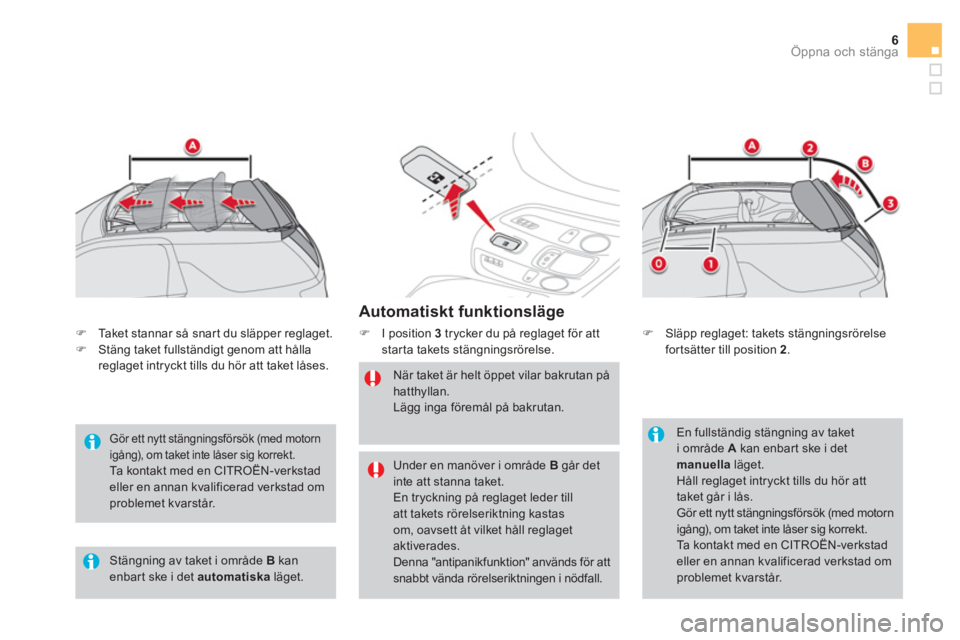 CITROEN DS3 CABRIO 2016  InstruktionsbÖcker (in Swedish) 6Öppna och stänga
   
Automatiskt funktionsläge 
 
 
 
�) 
  I position  3   
trycker du på reglaget för att 
starta takets stängningsrörelse. 
   
När taket är helt öppet vilar bakrutan på