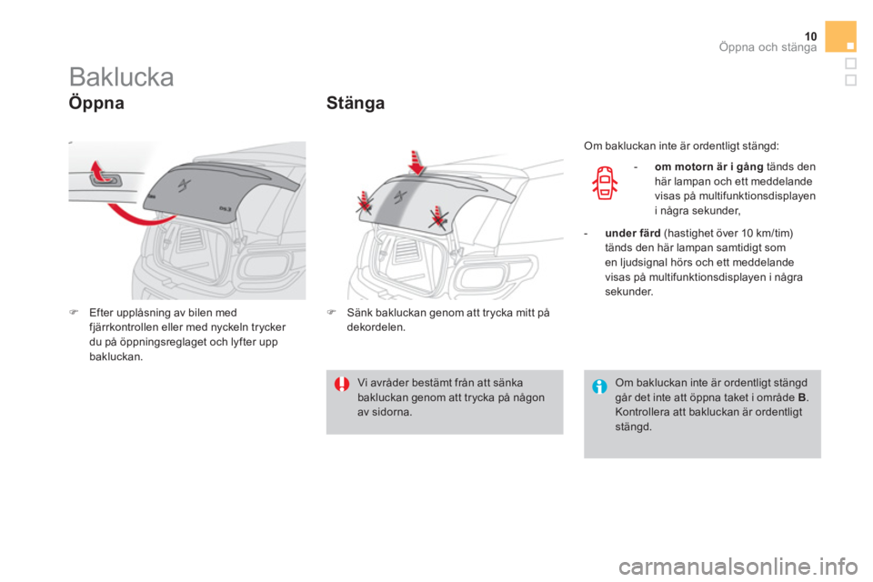 CITROEN DS3 CABRIO 2016  InstruktionsbÖcker (in Swedish) 10Öppna och stänga
   
 
 
 
 
 
 
 
 
 
 
Baklucka 
 
 
Öppna 
 
 
 
�) 
  Efter upplåsning av bilen med 
fjärrkontrollen eller med nyckeln trycker 
du på öppningsreglaget och lyfter upp 
bakl