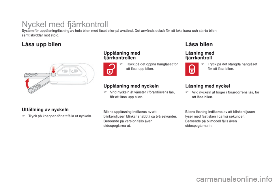 CITROEN DS3 CABRIO 2016 InstruktionsbÖcker (in Swedish) DS3_sv_Chap02_ouvertures_ed01-2015
Nyckel med fjärrkontrollSystem för upplåsning/låsning av hela bilen med låset eller på avstånd. Det används också för att lokalisera och starta bilen
sam CITROEN DS3 CABRIO 2016 InstruktionsbÖcker (in Swedish) DS3_sv_Chap02_ouvertures_ed01-2015
Nyckel med fjärrkontrollSystem för upplåsning/låsning av hela bilen med låset eller på avstånd. Det används också för att lokalisera och starta bilen
sam