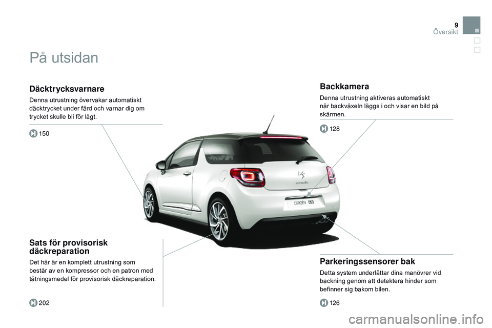 CITROEN DS3 CABRIO 2015 InstruktionsbÖcker (in Swedish) 9
Ds3_sv_Chap00b_vue-ensemble_ed01-2014
Däcktrycksvarnare
Denna utrustning övervakar automatiskt
däcktrycket under färd och varnar dig om
trycket skulle bli för lågt.
150
202
Sats för proviso CITROEN DS3 CABRIO 2015 InstruktionsbÖcker (in Swedish) 9
Ds3_sv_Chap00b_vue-ensemble_ed01-2014
Däcktrycksvarnare
Denna utrustning övervakar automatiskt
däcktrycket under färd och varnar dig om
trycket skulle bli för lågt.
150
202
Sats för proviso