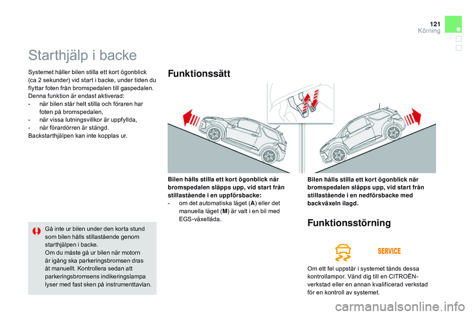 CITROEN DS3 CABRIO 2015 InstruktionsbÖcker (in Swedish) 121
Ds3_sv_Chap06_conduite_ed01-2014
starthjälp i backe
systemet håller bilen stilla ett kort ögonblick
(ca 2 sekunder) vid start i backe, under tiden du
flyttar foten från bromspedalen till gas CITROEN DS3 CABRIO 2015 InstruktionsbÖcker (in Swedish) 121
Ds3_sv_Chap06_conduite_ed01-2014
starthjälp i backe
systemet håller bilen stilla ett kort ögonblick
(ca 2 sekunder) vid start i backe, under tiden du
flyttar foten från bromspedalen till gas