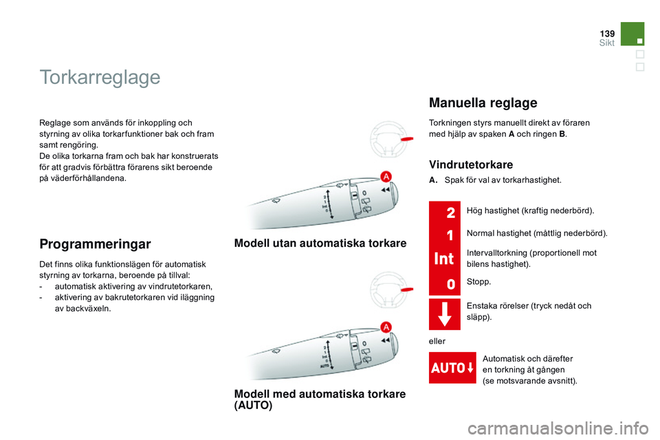 CITROEN DS3 CABRIO 2015  InstruktionsbÖcker (in Swedish) 139
Ds3_sv_Chap07_visibilite_ed01-2014
reglage som används för inkoppling och 
styrning av olika torkar funktioner bak och fram 
samt rengöring.
De olika torkarna fram och bak har konstruerats 
fö