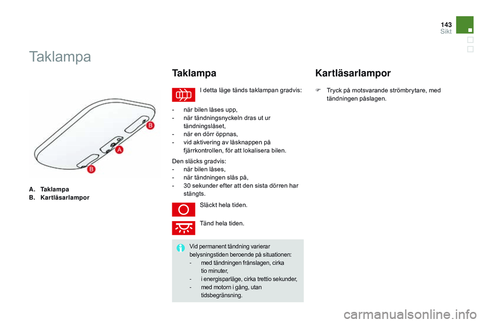 CITROEN DS3 CABRIO 2015  InstruktionsbÖcker (in Swedish) 143
Ds3_sv_Chap07_visibilite_ed01-2014
A. Taklampa
B. K
artläsarlampor
taklampa
I detta läge tänds taklampan gradvis:
Taklampa
- när bilen låses upp,
- n är tändningsnyckeln dras ut ur 
tändni
