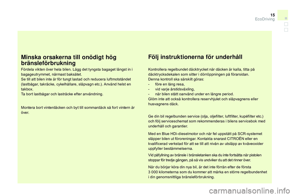 CITROEN DS3 CABRIO 2015 InstruktionsbÖcker (in Swedish) 15
Ds3_sv_Chap00c_eco-conduite_ed01-2014
Minska orsakerna till onödigt hög
bränsleförbrukning
Fördela vikten över hela bilen. Lägg det tyngsta bagaget längst in i
bagageutrymmet, närmast ba CITROEN DS3 CABRIO 2015 InstruktionsbÖcker (in Swedish) 15
Ds3_sv_Chap00c_eco-conduite_ed01-2014
Minska orsakerna till onödigt hög
bränsleförbrukning
Fördela vikten över hela bilen. Lägg det tyngsta bagaget längst in i
bagageutrymmet, närmast ba