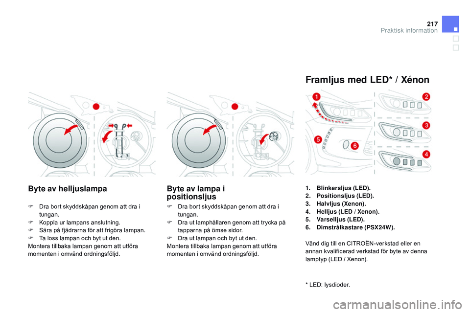 CITROEN DS3 CABRIO 2015  InstruktionsbÖcker (in Swedish) 217
Ds3_sv_Chap10_info-pratiques_ed01-2014
Byte av helljuslampa Byte av lampa i  
positionsljus
F Dra bort skyddskåpan genom att dra i 
tungan.
F
  k
o
 ppla ur lampans anslutning.
F
  s
ä
 ra på f CITROEN DS3 CABRIO 2015  InstruktionsbÖcker (in Swedish) 217
Ds3_sv_Chap10_info-pratiques_ed01-2014
Byte av helljuslampa Byte av lampa i  
positionsljus
F Dra bort skyddskåpan genom att dra i 
tungan.
F
  k
o
 ppla ur lampans anslutning.
F
  s
ä
 ra på f