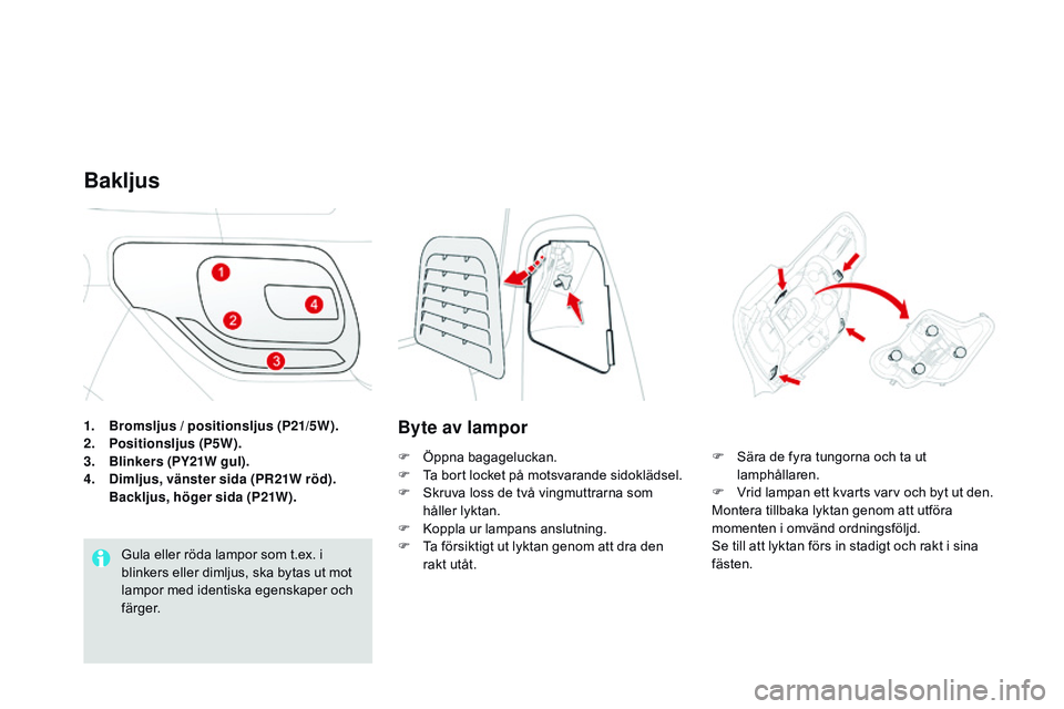 CITROEN DS3 CABRIO 2015  InstruktionsbÖcker (in Swedish) Ds3_sv_Chap10_info-pratiques_ed01-2014
1. Bromsljus / positionsljus (P21/5W).
2. P
ositionsljus (P5W).
3.
 
B
 linkers (PY21W gul).
4.
 
D
 imljus, vänster sida (PR21W röd).
 B

ackljus, höger sida