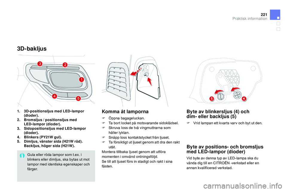 CITROEN DS3 CABRIO 2015  InstruktionsbÖcker (in Swedish) 221
Ds3_sv_Chap10_info-pratiques_ed01-2014
Byte av blinkersljus (4) och  
dim- eller backljus (5)
F Vrid lampan ett kvarts varv och byt ut den.
Byte av positions- och bromsljus 
med LED-lampor (dioder