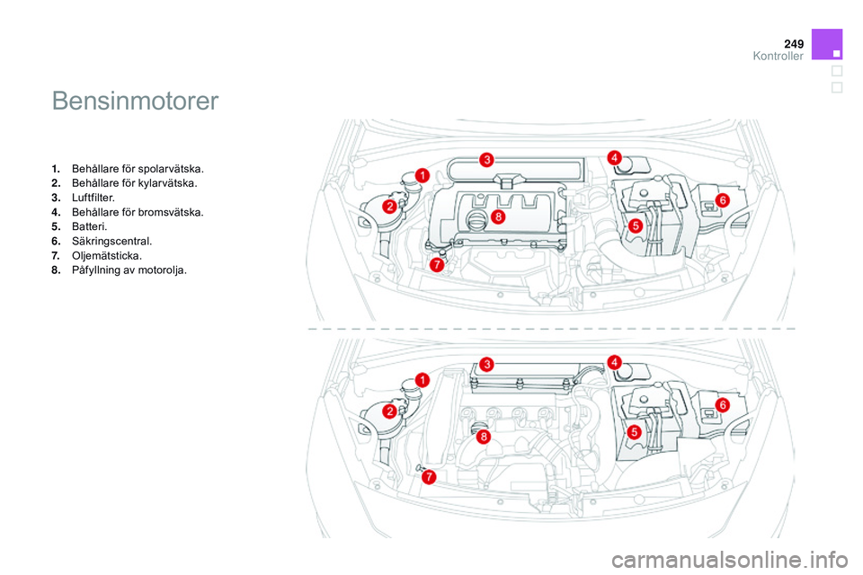 CITROEN DS3 CABRIO 2015  InstruktionsbÖcker (in Swedish) 249
Ds3_sv_Chap11_verifications_ed01-2014
bensinmotorer
1. behållare för spolarvätska.
2. 
be hållare för kylarvätska.
3.
 Lu

ftfilter.
4.
 

b
e
 hållare för bromsvätska.
5.
 

b
at
 teri.
