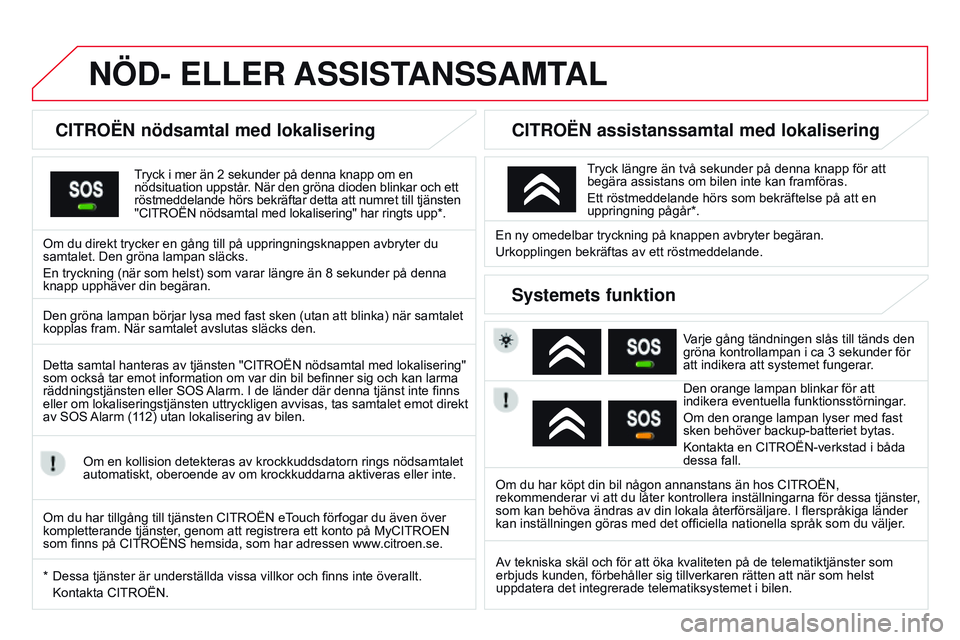 CITROEN DS3 CABRIO 2015  InstruktionsbÖcker (in Swedish) Ds3_sv_Chap13a_btA_ed01-2014
NÖD- ELLER ASSIST ANSSAMTAL
CITROËN nödsamtal med lokalisering
tryck i mer än 2 sekunder på denna knapp om en  
nödsituation uppstår.  n är den gröna dioden blink