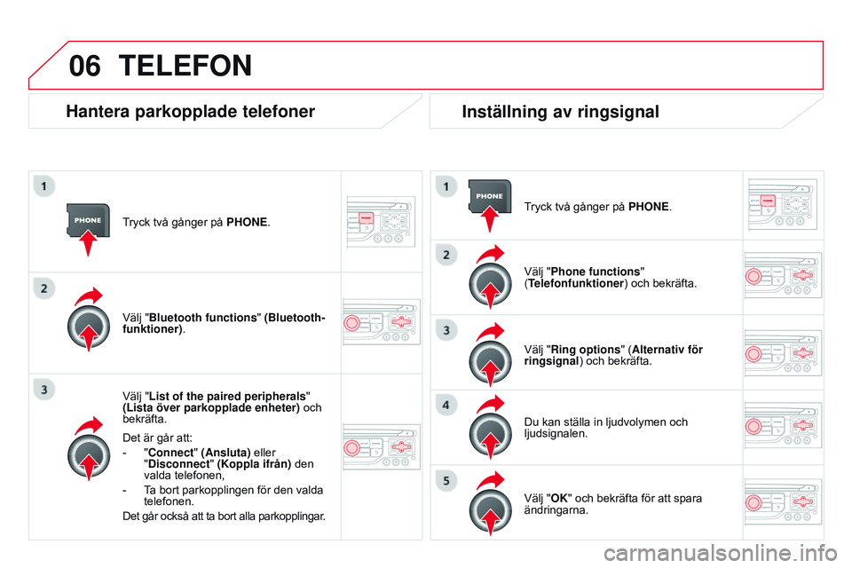 CITROEN DS3 CABRIO 2015  InstruktionsbÖcker (in Swedish) 06
Ds3_sv_Chap13b_rt6-2-8_ed01-2014
tryck två gånger på PHONE.
Välj "List of the paired peripherals " 
(Lista över parkopplade enheter) och 
bekräfta.
Det är går att:
-
 
"
 Connec
