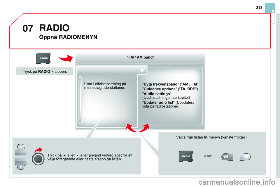 CITROEN DS3 CABRIO 2015  InstruktionsbÖcker (in Swedish) 07
313
Ds3_sv_Chap13b_rt6-2-8_ed01-2014
"FM / AM band""Byta frekvensband " ("AM / FM")
"
g uidance 	 options" ("TA, RDS")
"Audio settings " 
(Ljudinstä