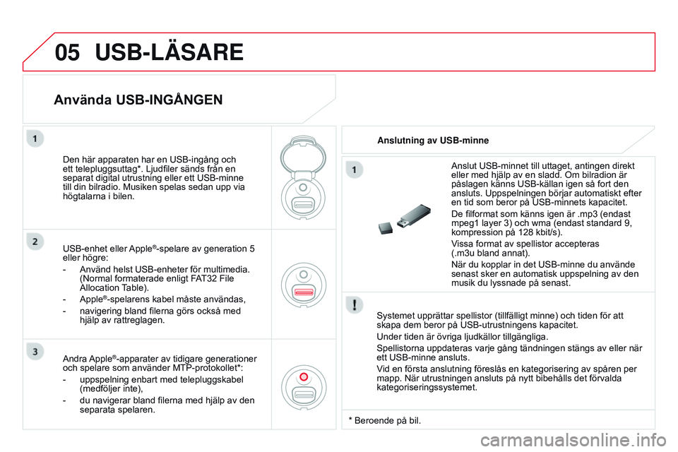 CITROEN DS3 CABRIO 2015 InstruktionsbÖcker (in Swedish) 05
DS3_sv_Chap13c_RD45_ed01_2014
USB-LÄSARE
systemet upprättar spellistor (tillfälligt minne) och tiden för att
skapa dem beror på usb -utrustningens kapacitet.
u
nder tiden är övriga ljudkà CITROEN DS3 CABRIO 2015 InstruktionsbÖcker (in Swedish) 05
DS3_sv_Chap13c_RD45_ed01_2014
USB-LÄSARE
systemet upprättar spellistor (tillfälligt minne) och tiden för att
skapa dem beror på usb -utrustningens kapacitet.
u
nder tiden är övriga ljudkÃ
