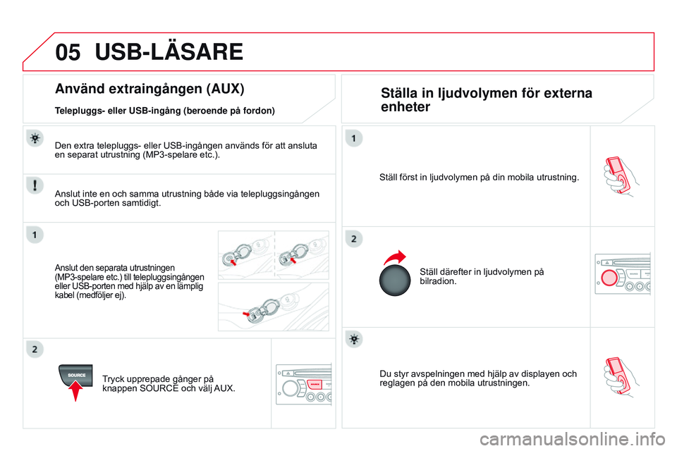 CITROEN DS3 CABRIO 2015 InstruktionsbÖcker (in Swedish) 05
DS3_sv_Chap13c_RD45_ed01_2014
Du styr avspelningen med hjälp av displayen och
reglagen på den mobila utrustningen.
s
täll först in ljudvolymen på din mobila utrustning.
s
täll därefter in CITROEN DS3 CABRIO 2015 InstruktionsbÖcker (in Swedish) 05
DS3_sv_Chap13c_RD45_ed01_2014
Du styr avspelningen med hjälp av displayen och
reglagen på den mobila utrustningen.
s
täll först in ljudvolymen på din mobila utrustning.
s
täll därefter in