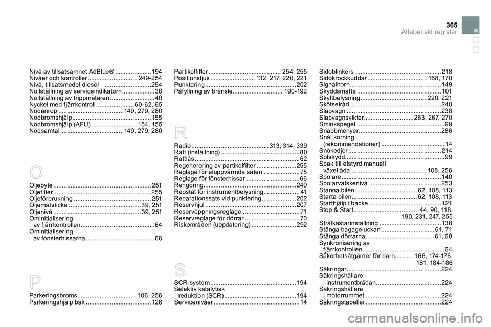 CITROEN DS3 CABRIO 2015 InstruktionsbÖcker (in Swedish) 365
Ds3_sv_Chap14_index-recherche_ed01-2014
oljebyte ............................... ..........................2 51olj
efilter ................ ......................................... 255
olj
eför CITROEN DS3 CABRIO 2015 InstruktionsbÖcker (in Swedish) 365
Ds3_sv_Chap14_index-recherche_ed01-2014
oljebyte ............................... ..........................2 51olj
efilter ................ ......................................... 255
olj
eför