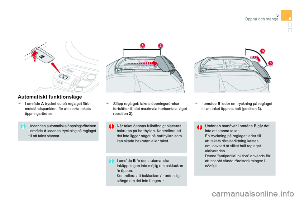 CITROEN DS3 CABRIO 2015  InstruktionsbÖcker (in Swedish) 5Öppna och stänga
   
Automatiskt funktionsläge 
 
 
Under den automatiska öppningsrörelsen 
i område  A 
 leder en tryckning på reglaget 
till att taket stannar.     
När taket öppnas fullst