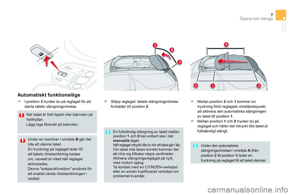 CITROEN DS3 CABRIO 2015  InstruktionsbÖcker (in Swedish) 7Öppna och stänga
   
Automatiskt funktionsläge 
 
 
 
�) 
  I position  3  
trycker du på reglaget för att 
starta takets stängningsrörelse. 
   
När taket är helt öppet vilar bakrutan på 