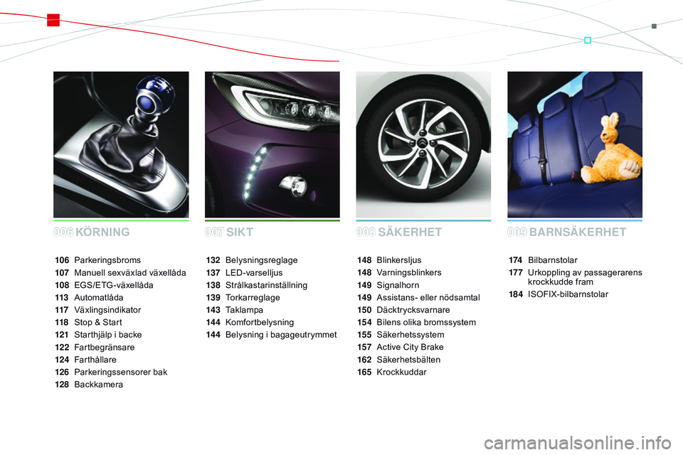 CITROEN DS3 CABRIO 2015  InstruktionsbÖcker (in Swedish) Ds3_sv_Chap00a_sommaire_ed01-2014
SÄKERHET
KÖr
n
In
gB ARNSÄKERHET
174 bilbarnstolar
17 7
 

u
r
 koppling av passagerarens 
krockkudde fram
184
 IsoF

IX-bilbarnstolar
14 8 
bl
inkersljus
14 8
 V
