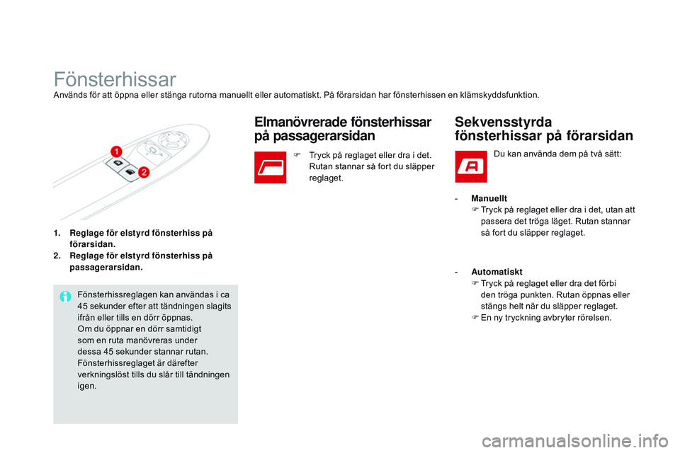 CITROEN DS3 CABRIO 2015 InstruktionsbÖcker (in Swedish) Ds3_sv_Chap03_ouvertures_ed01-2014
1. Reglage för elstyrd fönsterhiss på
förarsidan.
2.
R
eglage för elstyrd fönsterhiss på
passagerarsidan.
FönsterhissarAnvänds för att öppna eller stà CITROEN DS3 CABRIO 2015 InstruktionsbÖcker (in Swedish) Ds3_sv_Chap03_ouvertures_ed01-2014
1. Reglage för elstyrd fönsterhiss på
förarsidan.
2.
R
eglage för elstyrd fönsterhiss på
passagerarsidan.
FönsterhissarAnvänds för att öppna eller stÃ