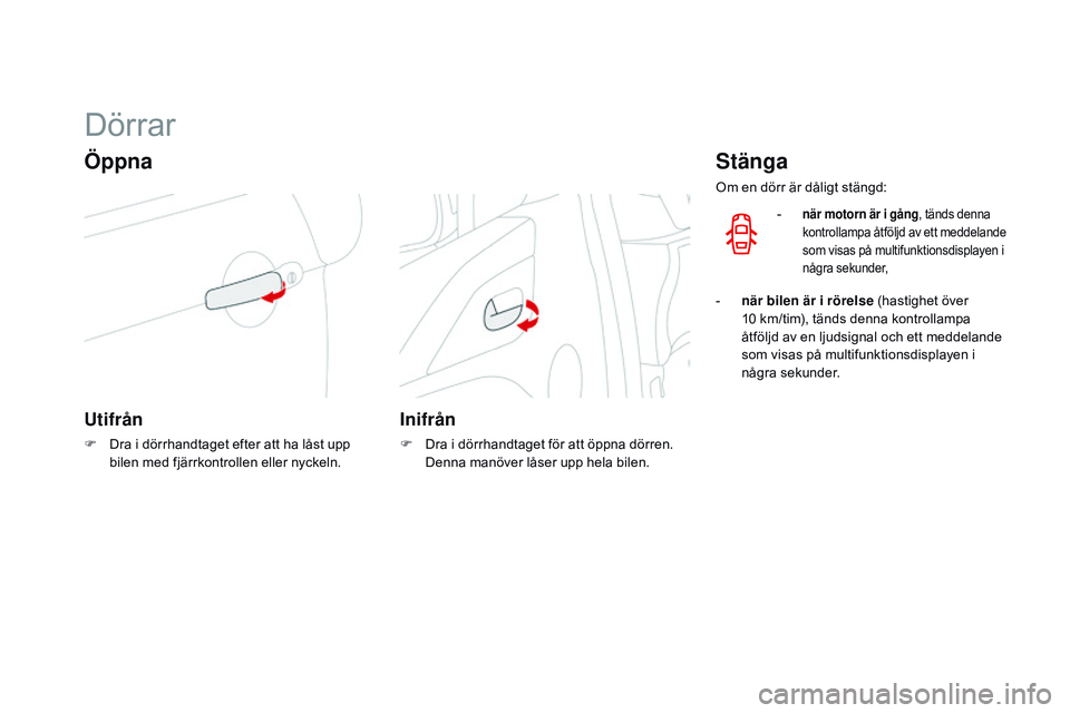 CITROEN DS3 CABRIO 2015 InstruktionsbÖcker (in Swedish) Ds3_sv_Chap03_ouvertures_ed01-2014
Dörrar
Öppna
Utifrån
F Dra i dörrhandtaget efter att ha låst upp
bilen med fjärrkontrollen eller nyckeln.
Inifrån
F Dra i dörrhandtaget för att öppna dör CITROEN DS3 CABRIO 2015 InstruktionsbÖcker (in Swedish) Ds3_sv_Chap03_ouvertures_ed01-2014
Dörrar
Öppna
Utifrån
F Dra i dörrhandtaget efter att ha låst upp
bilen med fjärrkontrollen eller nyckeln.
Inifrån
F Dra i dörrhandtaget för att öppna dör