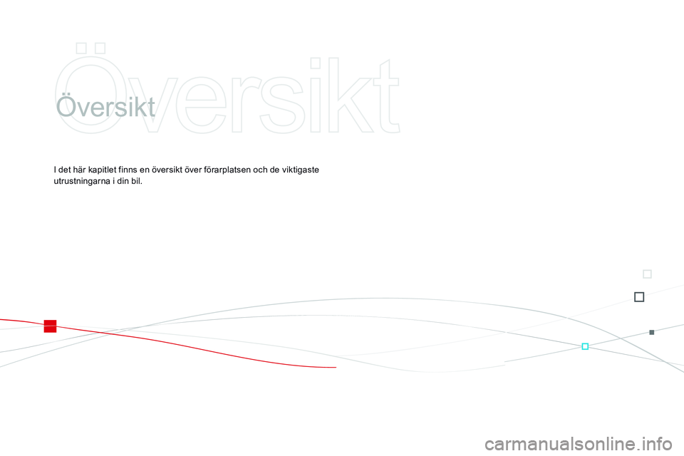 CITROEN DS3 CABRIO 2015  InstruktionsbÖcker (in Swedish) Ds3_sv_Chap00b_vue-ensemble_ed01-2014
Översikt
I det här kapitlet finns en översikt över förarplatsen och de viktigaste 
utrustningarna i din bil. 