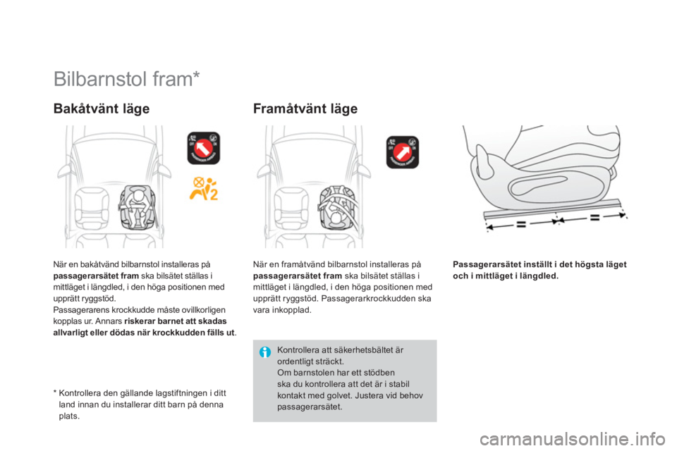 CITROEN DS3 CABRIO 2014  InstruktionsbÖcker (in Swedish)    
 
 
 
 
 
 
 
Bilbarnstol fram *  
Bakåtvänt läge   
Framåt vänt läge 
Passagerarsätet inställt i det högsta läget
och i mittläget i längdled.
*    
Kontrollera den gällande lagstiftn