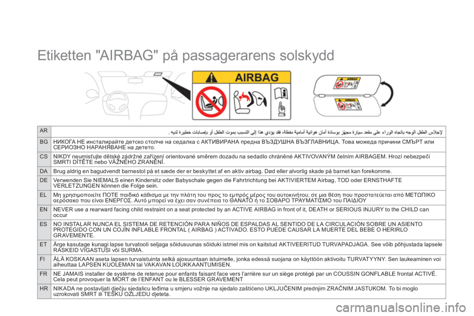 CITROEN DS3 CABRIO 2014  InstruktionsbÖcker (in Swedish) AR
BGНИКОГА НЕ инсталирайте детско столче на седалка с АКТИВИРАНА предна ВЪЗДУШНА ВЪЗГЛАВНИЦА. То в а можеда пр