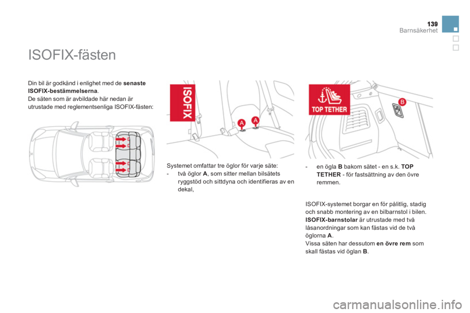 CITROEN DS3 CABRIO 2014  InstruktionsbÖcker (in Swedish) Barnsäkerhet
 Din bil är godkänd i enlighet med de  senasteISOFIX-bestämmelserna 
. 
  De säten som är avbildade här nedan är 
utrustade med reglementsenliga ISOFIX-fästen: 
   
 
 
 
 
 
 
 