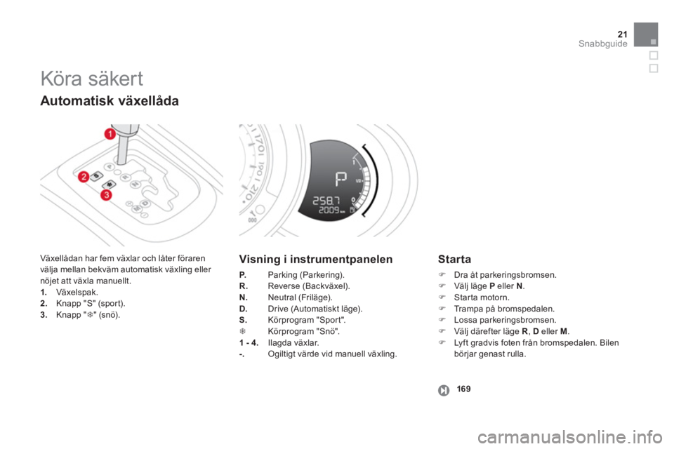 CITROEN DS3 CABRIO 2014 InstruktionsbÖcker (in Swedish) 21Snabbguide
Köra säker t
Växellådan har fem växlar och låter föraren
välja mellan bekväm automatisk växling eller nöjet att växla manuellt.1. Växelspak. 2.Knapp "S" (sport).3.Kna CITROEN DS3 CABRIO 2014 InstruktionsbÖcker (in Swedish) 21Snabbguide
Köra säker t
Växellådan har fem växlar och låter föraren
välja mellan bekväm automatisk växling eller nöjet att växla manuellt.1. Växelspak. 2.Knapp "S" (sport).3.Kna
