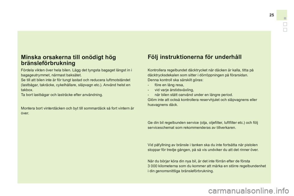 CITROEN DS3 CABRIO 2014 InstruktionsbÖcker (in Swedish) 25
Minska orsakerna till onödigt hög
bränsleförbrukning
Fördela vikten över hela bilen. Lägg det tyngsta bagaget längst in ibagageutrymmet, närmast baksätet.
Se till att bilen in CITROEN DS3 CABRIO 2014 InstruktionsbÖcker (in Swedish) 25
Minska orsakerna till onödigt hög
bränsleförbrukning
Fördela vikten över hela bilen. Lägg det tyngsta bagaget längst in ibagageutrymmet, närmast baksätet.
Se till att bilen in