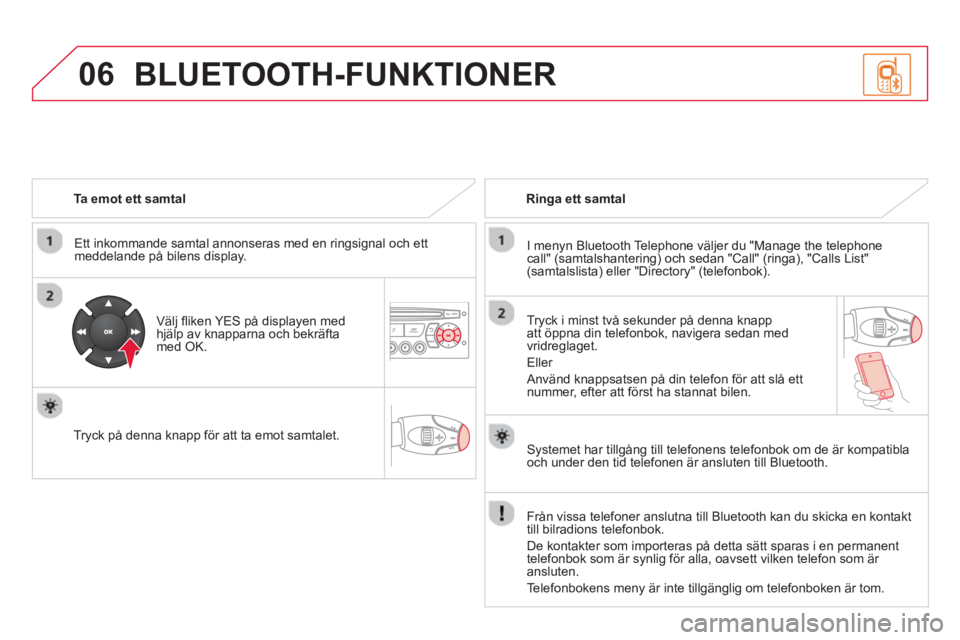 CITROEN DS3 CABRIO 2014  InstruktionsbÖcker (in Swedish) 06
   
Ta emot ett samtal  
   
Ett inkommande samtal annonseras med en rin
gsignal och ettmeddelande på bilens display.
   
Väl
j ﬂ iken YES på displayen medhjälp av knapparna och bekräfta med