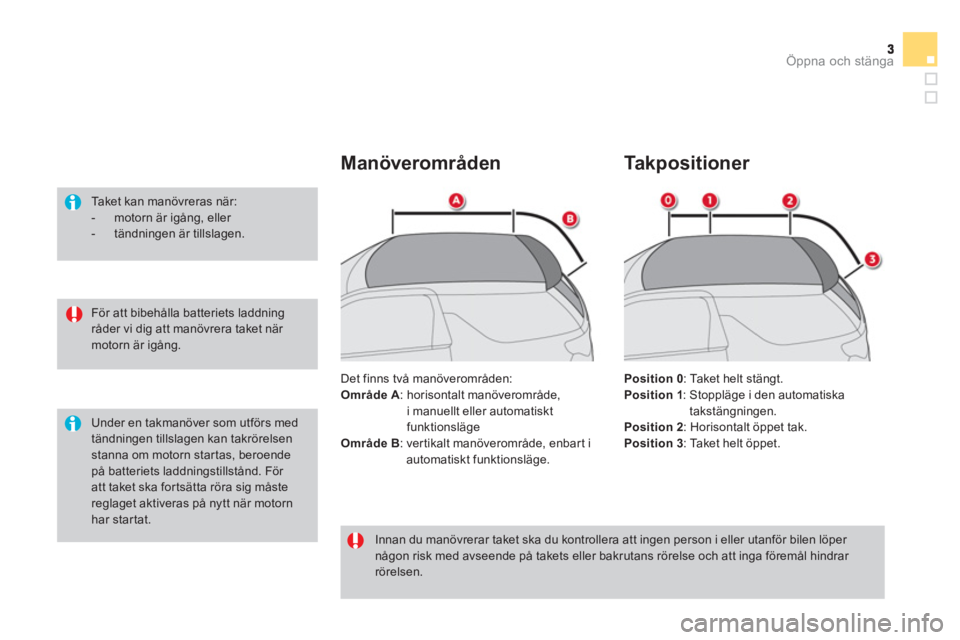 CITROEN DS3 CABRIO 2014  InstruktionsbÖcker (in Swedish) Öppna och stänga
   
För att bibehålla batteriets laddningråder vi dig att manövrera taket när motorn är igång.  
 
 
Taket kan manövreras när:  
 
 
-   motorn är igång, eller  
 
-  tä