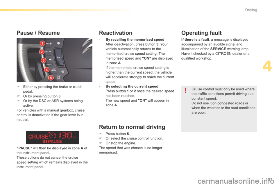 Citroen C5 2016 (RD/TD) / 2.G Owners Manual 127
C5_en_Chap04_conduite_ed01-2015
Reactivation
- By recalling the memorised speed
a fter deactivation, press button 3 . Your
vehicle automatically returns to the
memorised cruise speed setting. Citroen C5 2016 (RD/TD) / 2.G Owners Manual 127
C5_en_Chap04_conduite_ed01-2015
Reactivation
- By recalling the memorised speed
a fter deactivation, press button 3 . Your
vehicle automatically returns to the
memorised cruise speed setting.