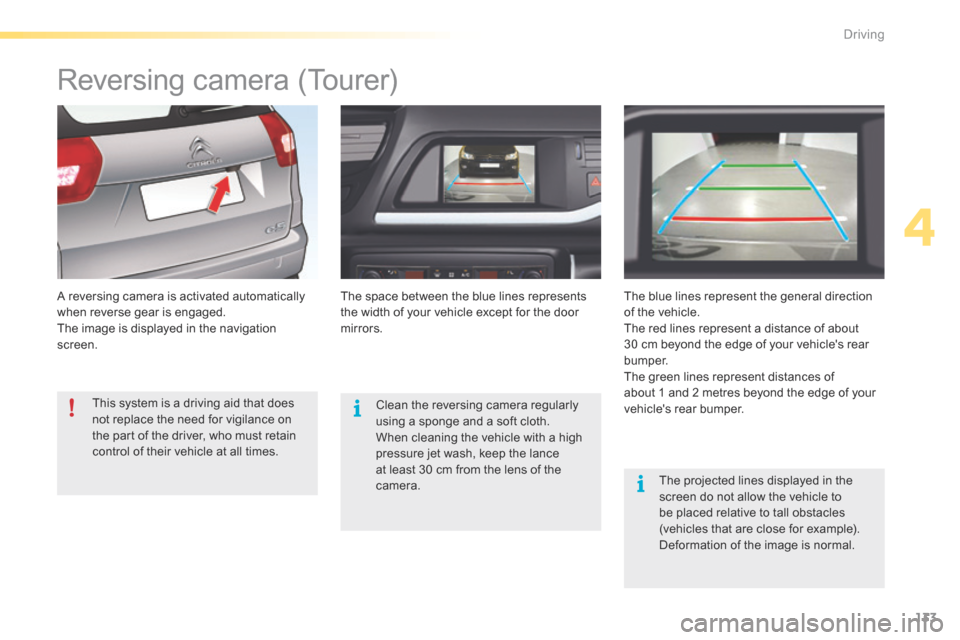 Citroen C5 2016 (RD/TD) / 2.G Owners Manual 133
C5_en_Chap04_conduite_ed01-2015
Reversing camera (Tourer)
A reversing camera is activated automatically 
when reverse gear is engaged.
The image is displayed in the navigation 
screen.The space be