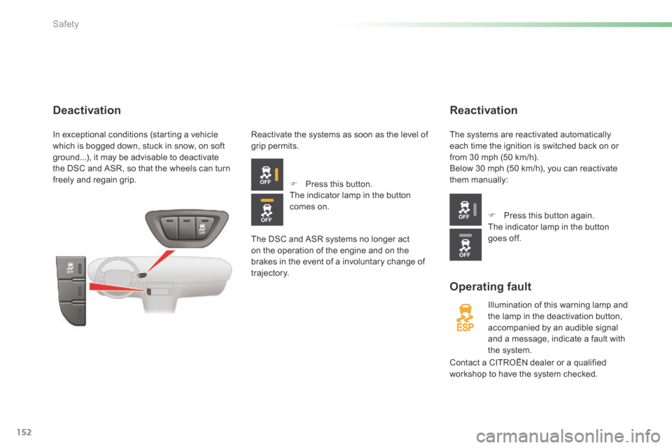 Citroen C5 2016 (RD/TD) / 2.G Owners Manual 152
C5_en_Chap06_securite_ed01-2015
Reactivation
Operating fault
Illumination of this warning lamp and
the lamp in the deactivation button,
accompanied by an audible signal
and a message, indicate Citroen C5 2016 (RD/TD) / 2.G Owners Manual 152
C5_en_Chap06_securite_ed01-2015
Reactivation
Operating fault
Illumination of this warning lamp and
the lamp in the deactivation button,
accompanied by an audible signal
and a message, indicate