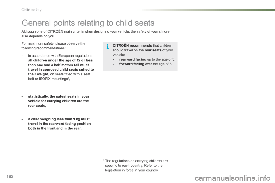Citroen C5 2016 (RD/TD) / 2.G Owners Manual 162
C5_en_Chap07_securite-enfant_ed01-2015
Although one of CITROËN main criteria when designing your vehicle, the safety of your children
also depends on you.
General points relating to child seats
Citroen C5 2016 (RD/TD) / 2.G Owners Manual 162
C5_en_Chap07_securite-enfant_ed01-2015
Although one of CITROËN main criteria when designing your vehicle, the safety of your children
also depends on you.
General points relating to child seats