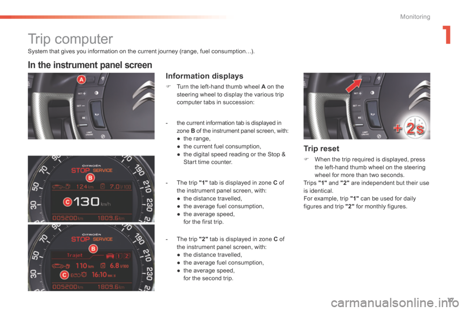 Citroen C5 2016 (RD/TD) / 2.G Owners Manual 17
C5_en_Chap01_controle-de-marche_ed01-2015
System that gives you information on the current journey (range, fuel consumption…).
In the instrument panel screen
Information displays
F Turn the left-