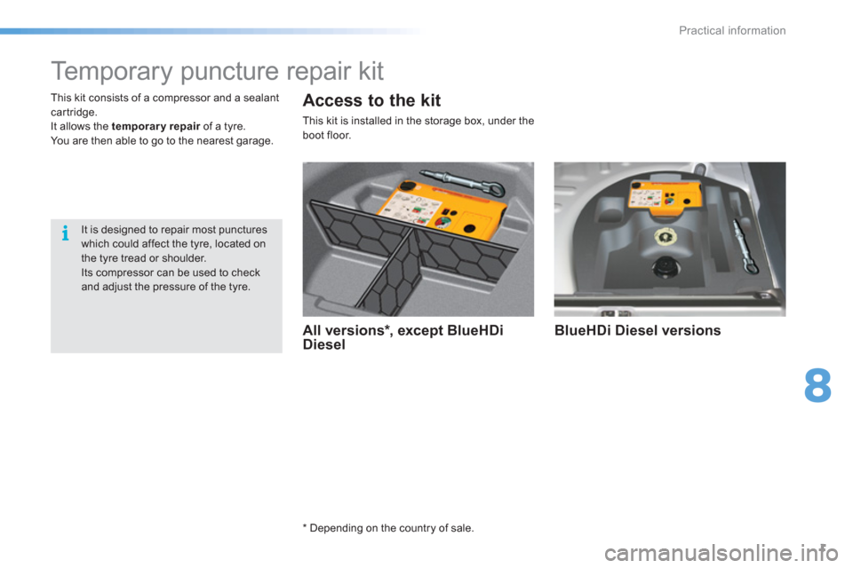 Citroen C5 2016 (RD/TD) / 2.G Owners Manual 8
Practical information
1
   
 
 
 
 
 
 
 
 
 
 
 
Temporary puncture repair kit 
 
 
 
All versions * , except BlueHDi 
Diesel     
BlueHDi Diesel versions  
 
 
 
 
 
*  
 Depending on the country 
