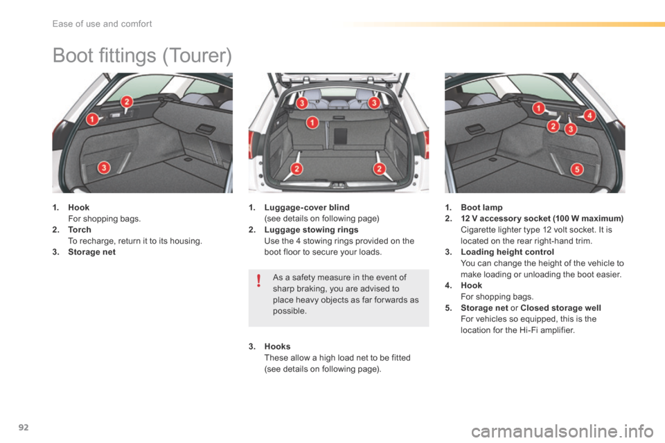 Citroen C5 2016 (RD/TD) / 2.G Owners Manual 92
C5_en_Chap03_ergo-et-confort_ed01-2015
Boot fittings (Tourer)
1.  Hook  
   For shopping bags.
2.   To r c h  
  To recharge, return it to its housing.
3.   Storage net 1.
  Luggage-cover blind  
 