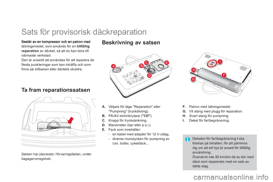 CITROEN DS3 CABRIO 2013 InstruktionsbÖcker (in Swedish)
Sats för provisorisk däckreparation
tätningsmedel, som används för en tillfällig reparation
av däcket, så att du kan köra till närmaste verkstad.
Den ä CITROEN DS3 CABRIO 2013 InstruktionsbÖcker (in Swedish)
Sats för provisorisk däckreparation
tätningsmedel, som används för en tillfällig reparation
av däcket, så att du kan köra till närmaste verkstad.
Den ä