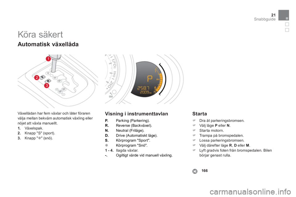 CITROEN DS3 CABRIO 2013 InstruktionsbÖcker (in Swedish) 21Snabbguide
Köra säker t
Växellådan har fem växlar och låter föraren
välja mellan bekväm automatisk växling eller nöjet att växla manuellt.1. Växelspak. 2.Knapp "S" (sport).3.Kna CITROEN DS3 CABRIO 2013 InstruktionsbÖcker (in Swedish) 21Snabbguide
Köra säker t
Växellådan har fem växlar och låter föraren
välja mellan bekväm automatisk växling eller nöjet att växla manuellt.1. Växelspak. 2.Knapp "S" (sport).3.Kna