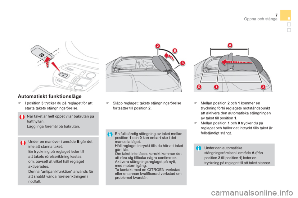 CITROEN DS3 CABRIO 2013  InstruktionsbÖcker (in Swedish) 7Öppna och stänga
   
Automatiskt funktionsläge 
�)I position  3 
 trycker du på reglaget för attstarta takets stängningsrörelse. 
 
 
När taket är helt öppet vilar bakrutan på hatthyllan. 