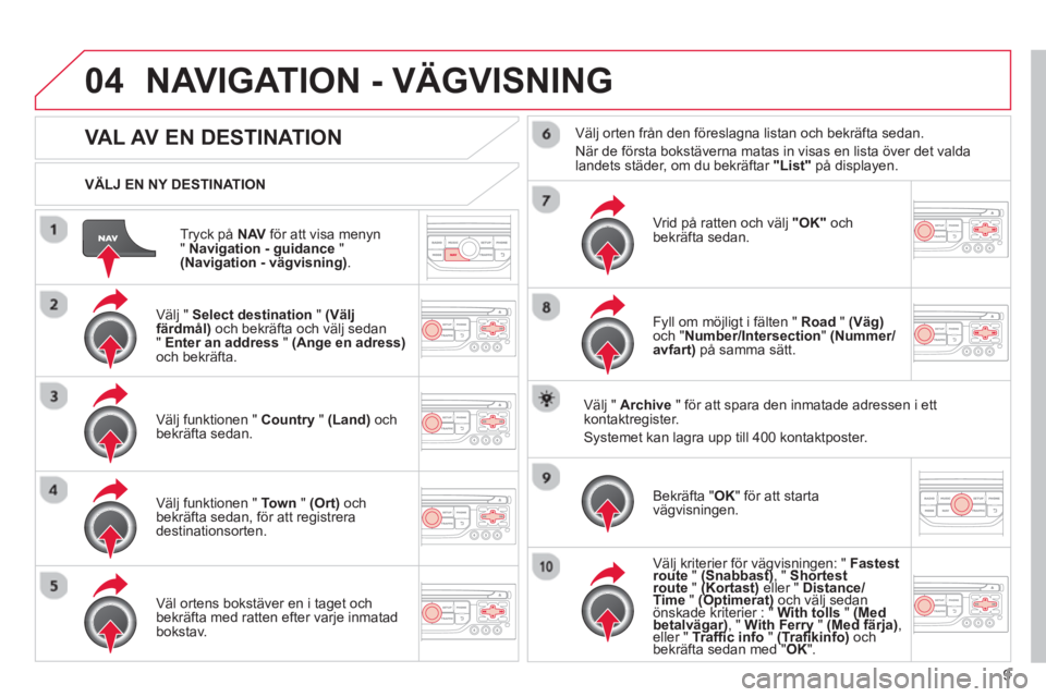 CITROEN DS3 CABRIO 2013 InstruktionsbÖcker (in Swedish) 9
04
Tryck på NAVför att visa menyn " Navigation - guidance
" (Navigation - vägvisning).
VÄLJ EN NY DESTINATION
NAVIGATION - VÄGVISNING
VAL AV EN DESTINATION
Välj CITROEN DS3 CABRIO 2013 InstruktionsbÖcker (in Swedish) 9
04
Tryck på NAVför att visa menyn " Navigation - guidance
" (Navigation - vägvisning).
VÄLJ EN NY DESTINATION
NAVIGATION - VÄGVISNING
VAL AV EN DESTINATION
Välj