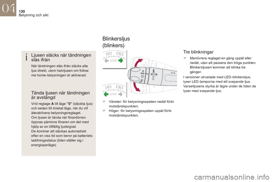 CITROEN DS4 2017 InstruktionsbÖcker (in Swedish) 130
DS4_sv_Chap04_eclairage-et-visibilite_ed01-2016
Ljusen släcks när tändningen
slås ifrån
När tändningen slås ifrån släcks alla
ljus direkt, utom halvljusen om follow
me home-belysninge CITROEN DS4 2017 InstruktionsbÖcker (in Swedish) 130
DS4_sv_Chap04_eclairage-et-visibilite_ed01-2016
Ljusen släcks när tändningen
slås ifrån
När tändningen slås ifrån släcks alla
ljus direkt, utom halvljusen om follow
me home-belysninge