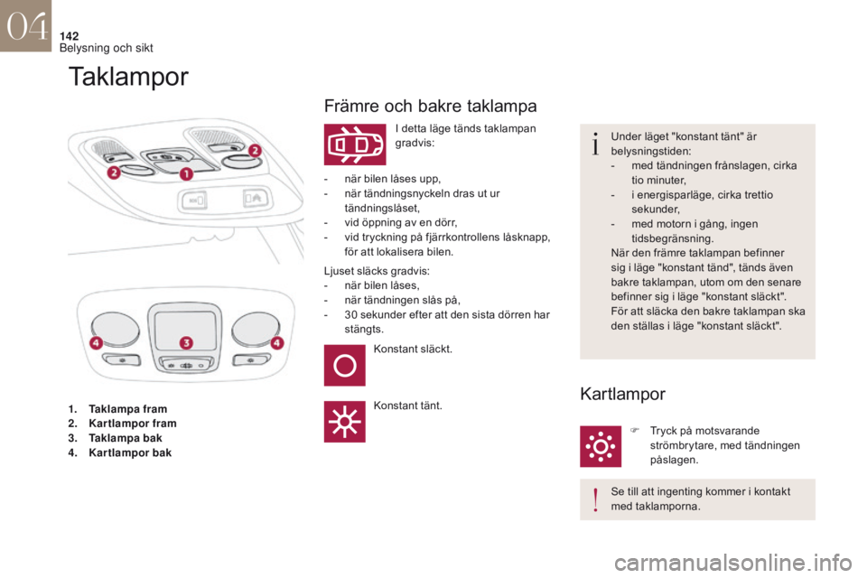 CITROEN DS4 2017 InstruktionsbÖcker (in Swedish) 142
DS4_sv_Chap04_eclairage-et-visibilite_ed01-2016
1. Taklampa fram
2. Kartlampor fram
3.
T
aklampa bak
4.
K
artlampor bak
Taklampor
I detta läge tänds taklampan
gradvis:
Främre och bakre tak CITROEN DS4 2017 InstruktionsbÖcker (in Swedish) 142
DS4_sv_Chap04_eclairage-et-visibilite_ed01-2016
1. Taklampa fram
2. Kartlampor fram
3.
T
aklampa bak
4.
K
artlampor bak
Taklampor
I detta läge tänds taklampan
gradvis:
Främre och bakre tak